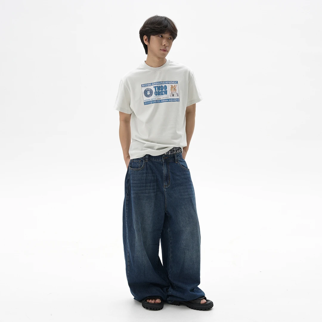 TH90CREW 兔子宇航员ID卡破坏美式复古印花正肩小版型T恤
