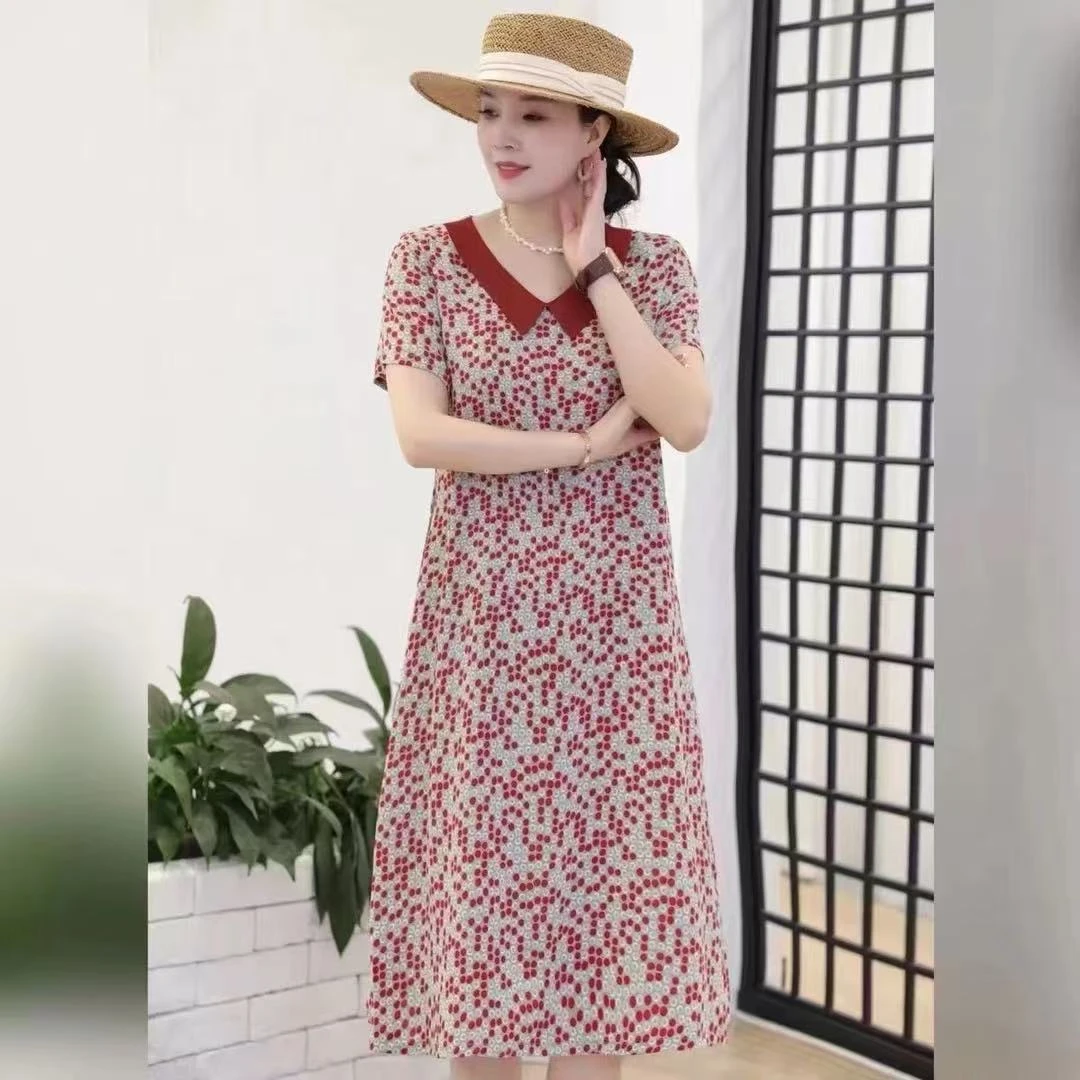 9844-夏季新款大码气质女装印花连衣裙时尚洋气短袖宽松裙子