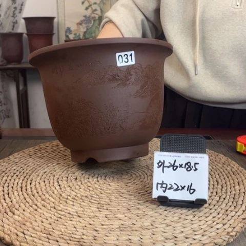 紫砂花盆紫玉金砂精品通转山水031