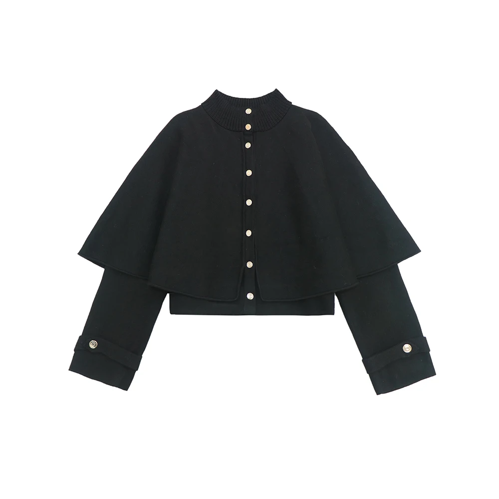 24MJ早春新款黑色半高领长袖披肩款斗篷式时尚气质百搭针织开衫