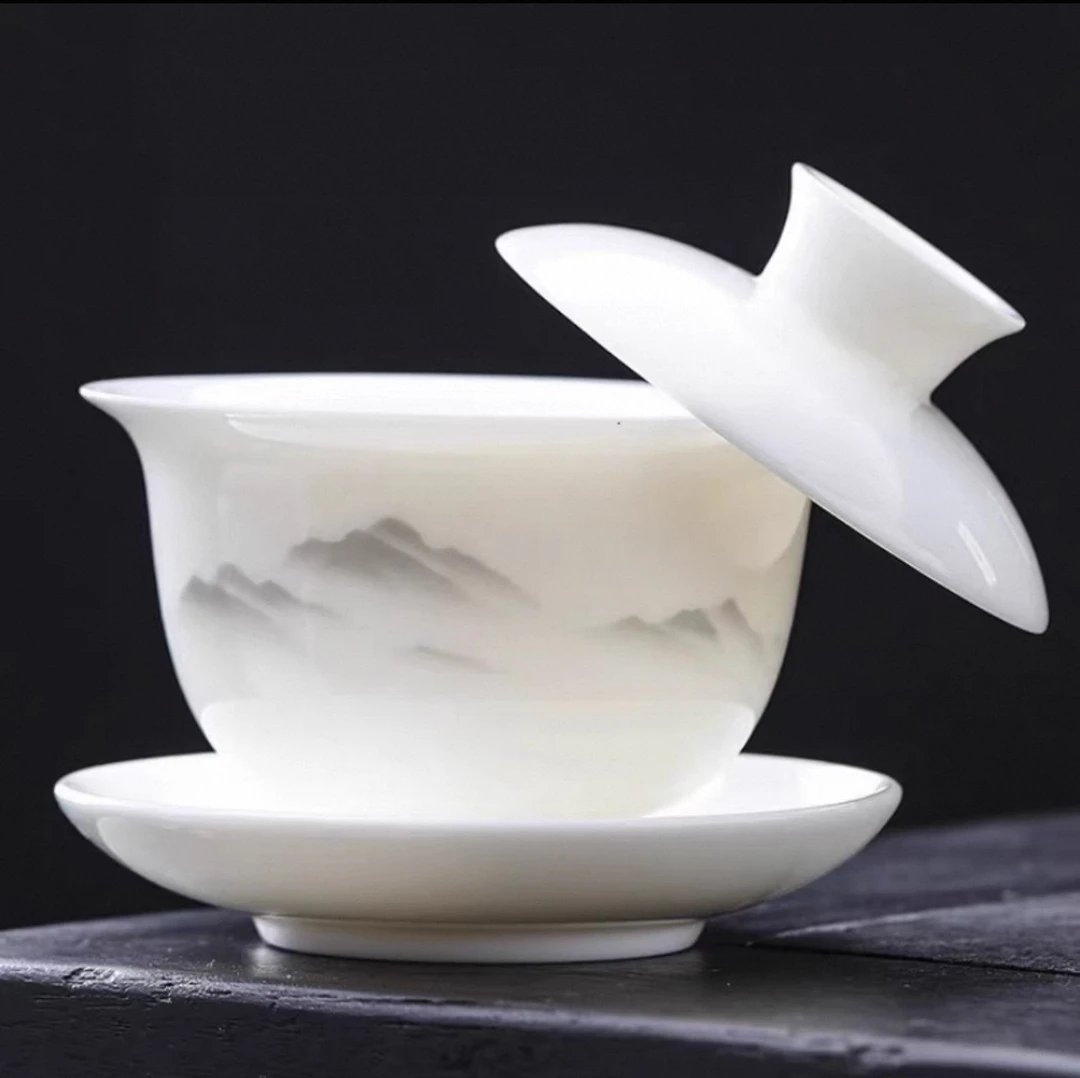 手绘羊脂玉瓷三才盖碗家用办公大容量泡茶器可悬停敬茶碗白瓷茶具