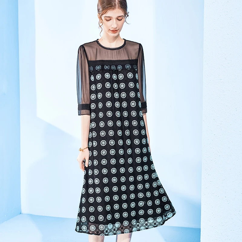 991288真丝连衣裙女2025秋季新款设计感小众桑蚕丝绣花网纱刺绣裙
