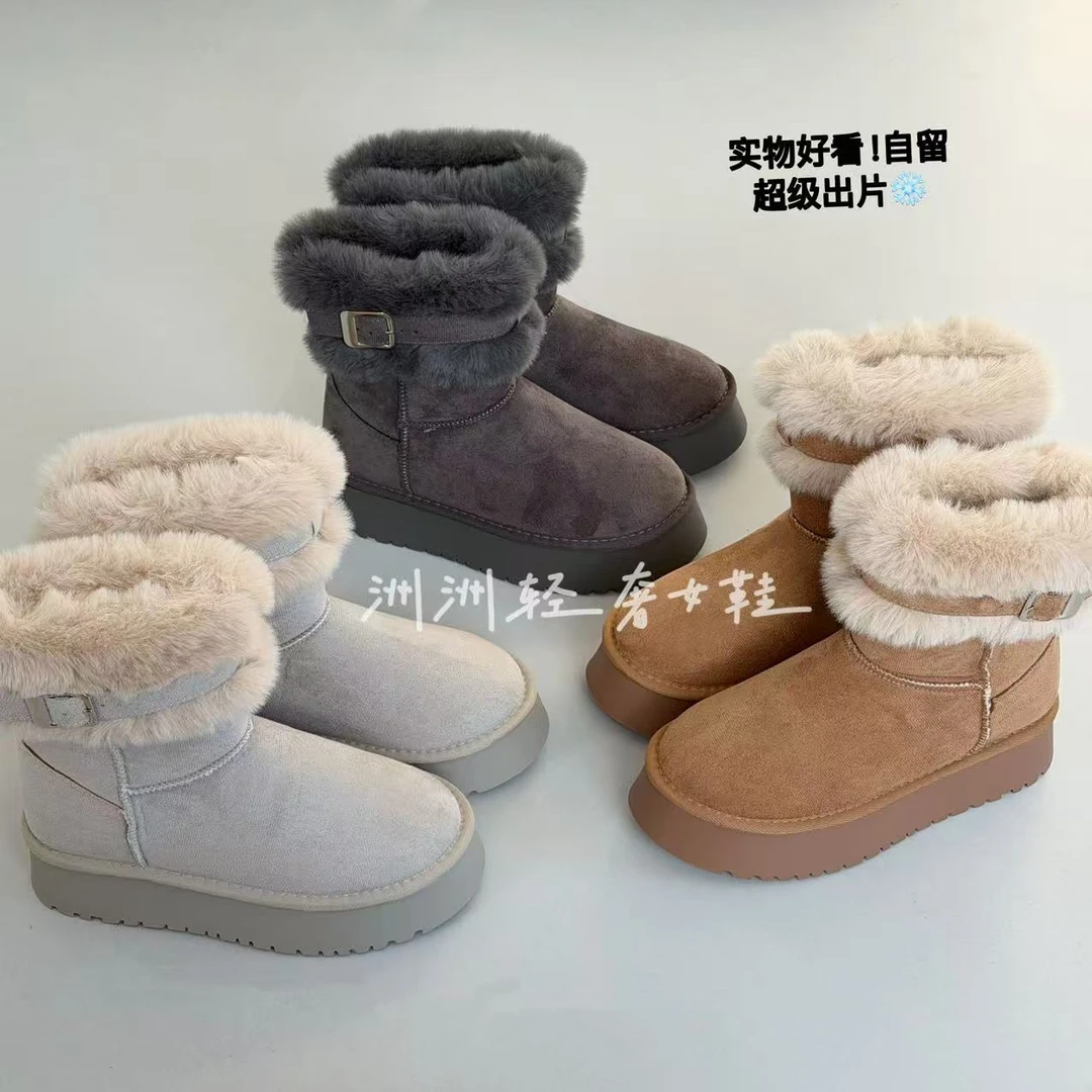 零下初雪~5CM增高厚底中筒加绒加厚毛毛短靴女雪地靴保暖东北棉鞋