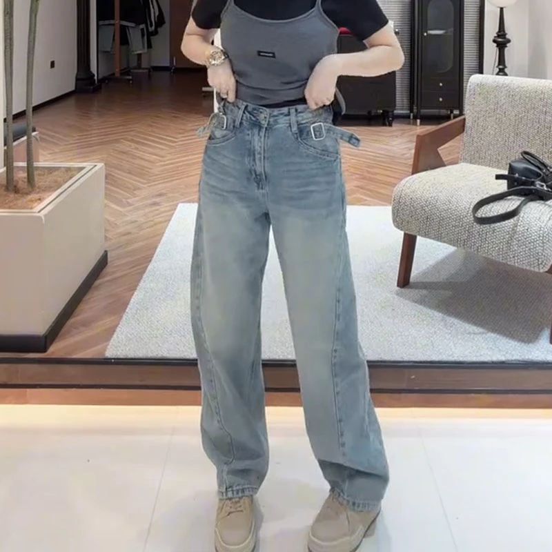 早春新款高腰直筒窄版拖地裤女2025大码显瘦小个子洋气百搭牛仔裤