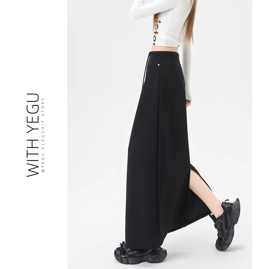 美式黑色后开叉运动半身裙女春秋设计感抽绳包臀裙中长款直筒卫裙