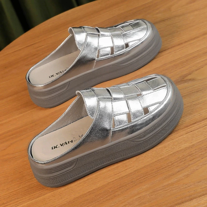 厚底增高半拖鞋女小白外穿2025年春夏新款镂空一脚蹬罗马包头凉拖