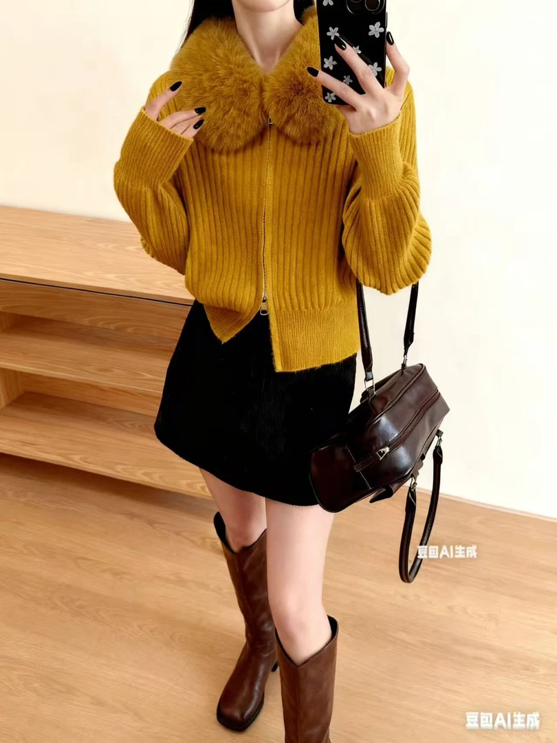 毛领新款宽松小个子针织开衫毛衣外套女秋冬慵懒韩系拉链纯色上衣