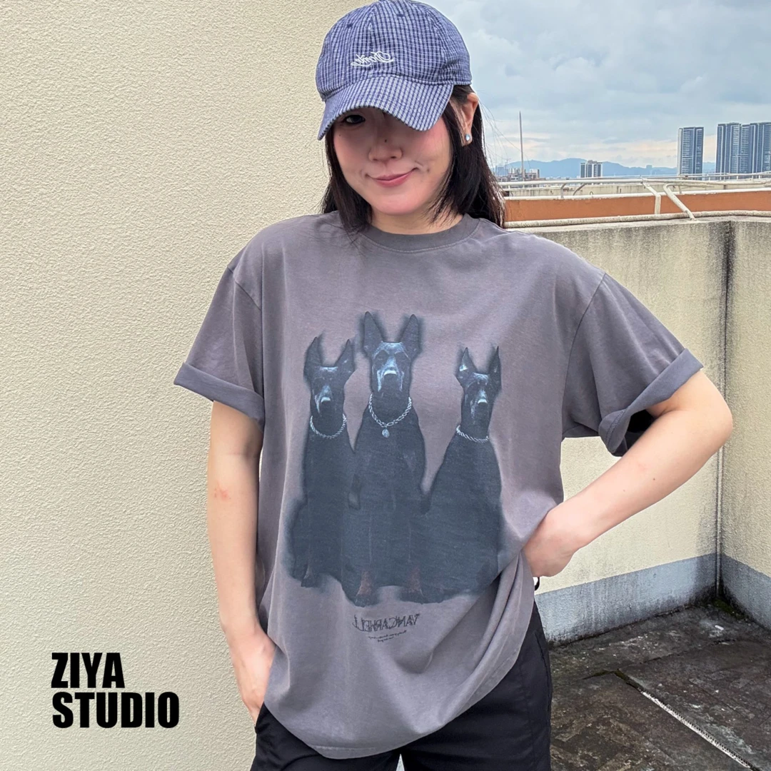 高街重磅水洗美式新款印花T恤印花短袖杜宾犬宽松休夏季高街短袖