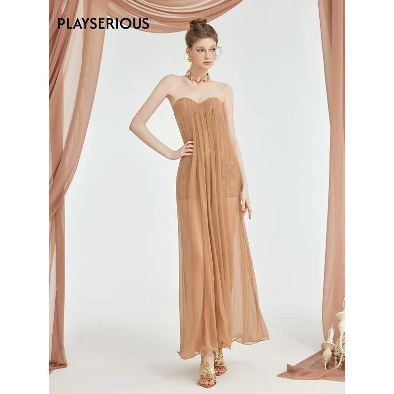 【徐如蓝同款】 Sheer Luck 25夏季新款Thea露肩网纱褶皱抹胸连衣裙