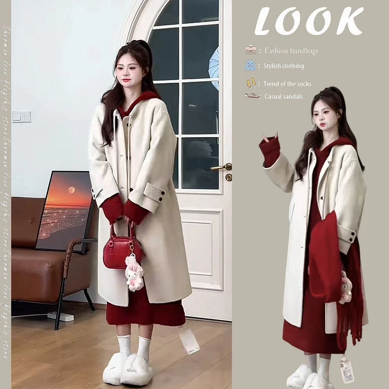 今年冬季圣诞温柔淑女风保暖简约穿搭两件套呢子外套针织连帽裙子