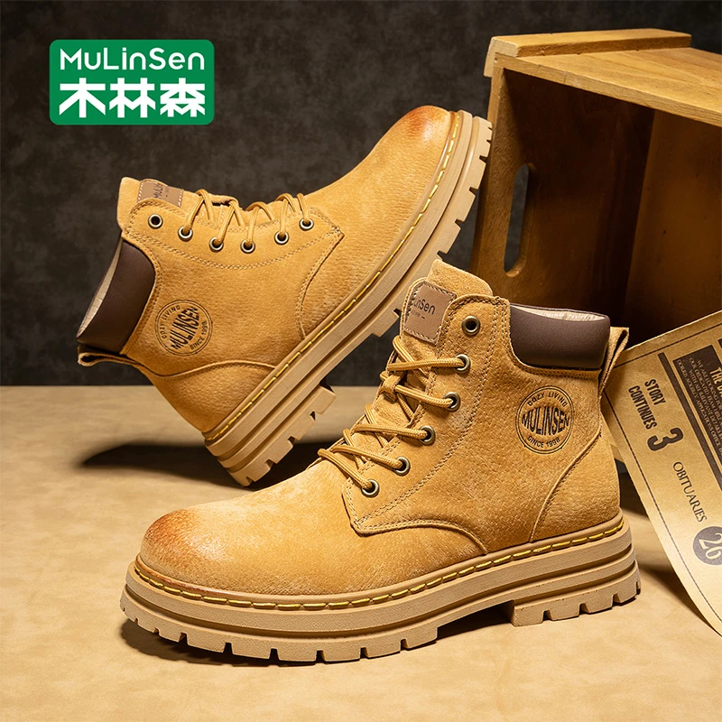 木林森高帮马丁靴男秋季2025新款户外工装大黄靴休闲百搭潮流靴子
