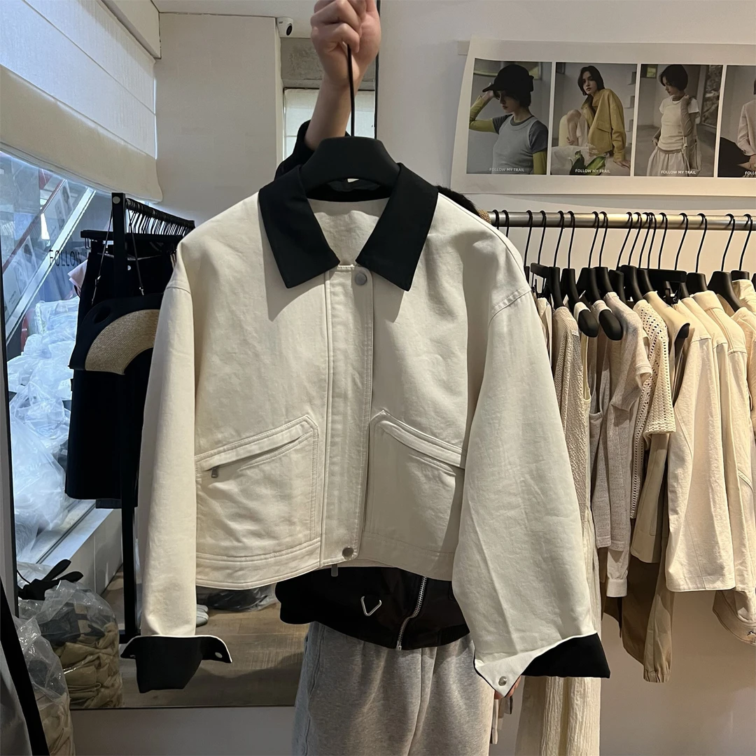 2025春款韩系复古撞色领口设计感翻领百搭夹克外套女韩版宽松上衣