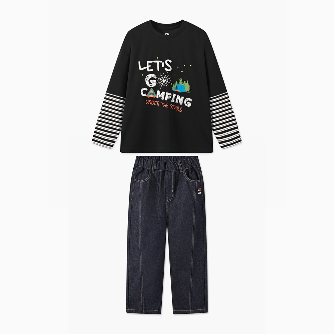 MQD童装25春新品假两件字母印花撞色卡通字母长袖T恤套装TCW0312H