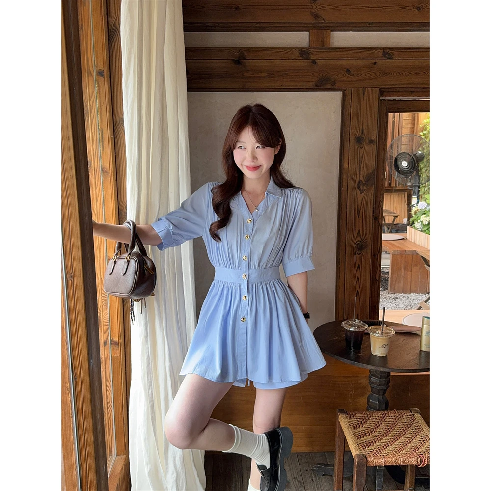 2025夏季新款法式气质风设计感收腰显瘦POLO领单排扣短袖衬衫女潮