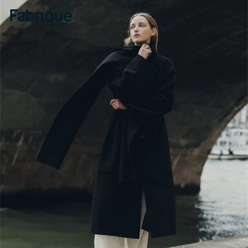 【达人专享】Fabrique围巾大衣羊毛羊绒双面呢单排扣配围巾腰带大衣