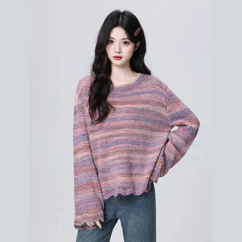 紫色条纹圆领毛衣女春秋2025秋季新款宽松慵懒套头针织衫上衣百搭