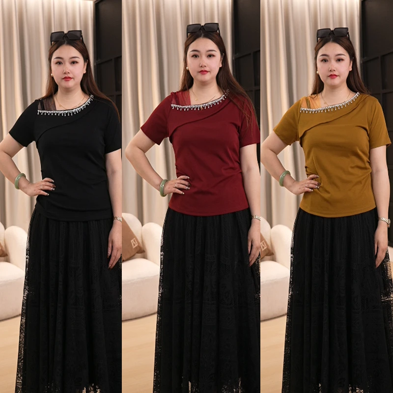 网纱拼接短袖T恤设计感漏肩宽松显瘦时尚百搭上衣13791