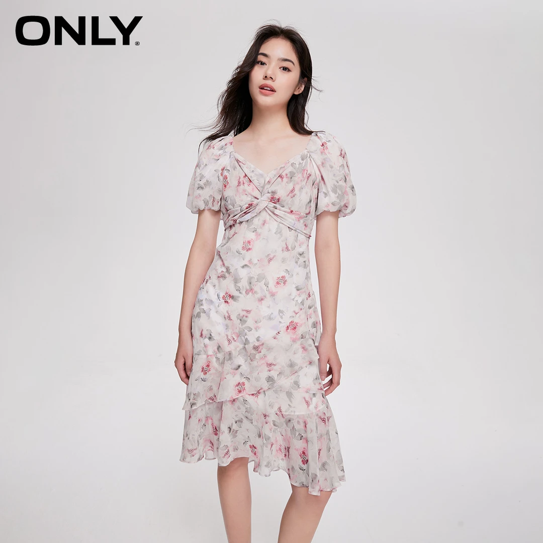 ONLY春夏新款泡泡袖法式V领中裙气质碎花连衣裙女装|123207121