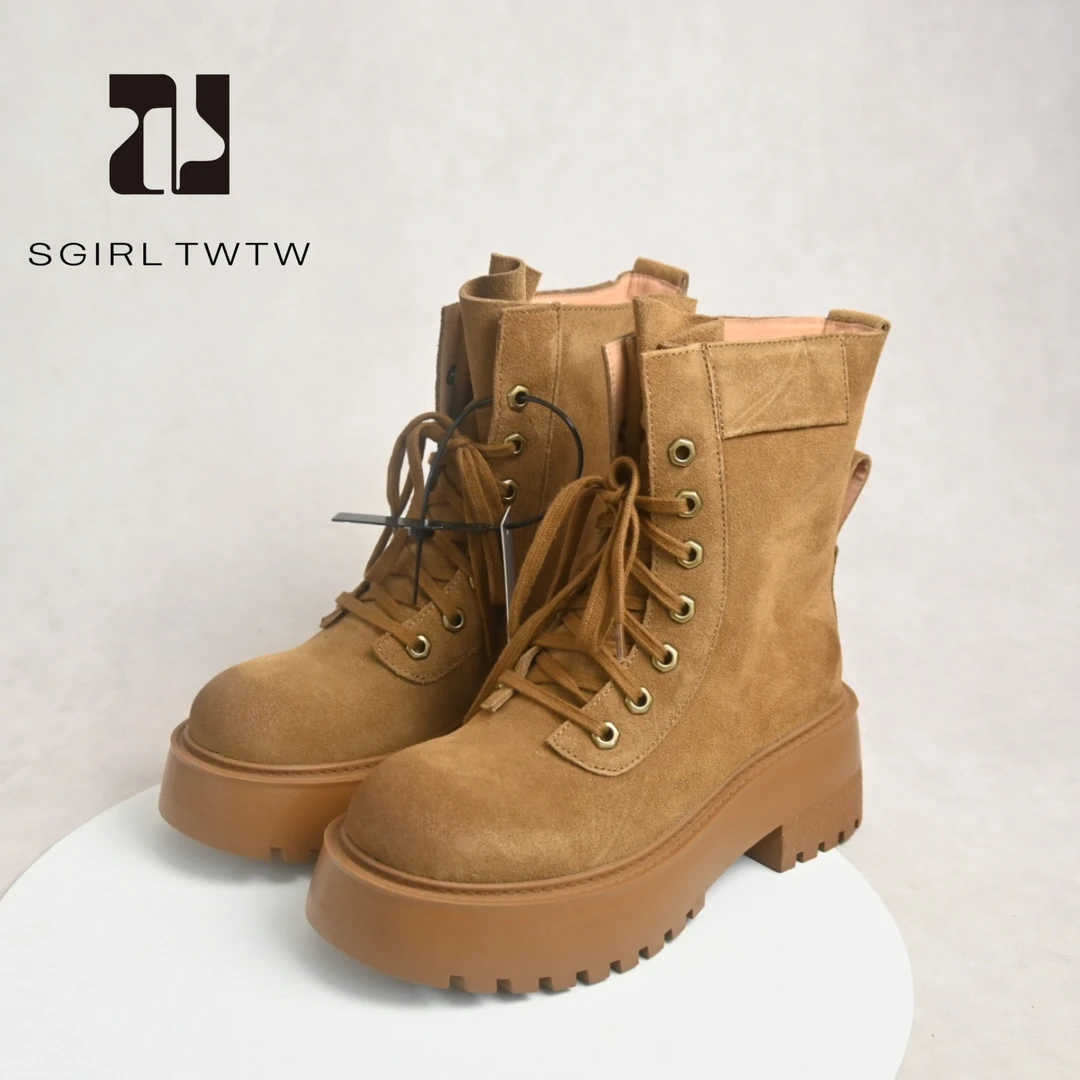 SGIRL TWTW磨砂皮厚底擦色马丁靴2025新款户外徒步百搭西部短靴女