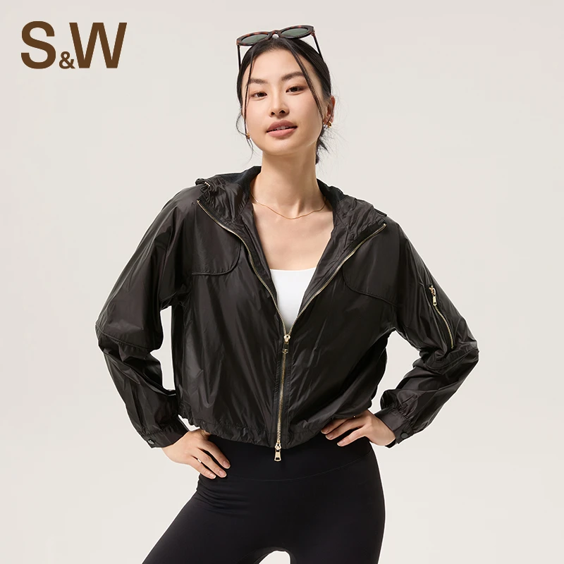SW速惟短款运动外套女士春夏薄款连帽防泼水休闲宽松上衣1281 z2