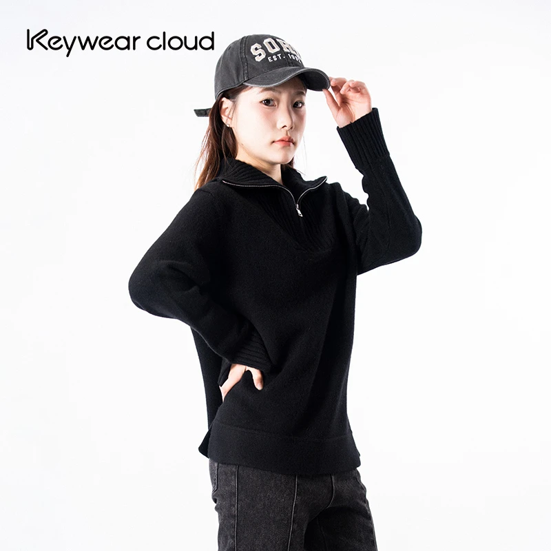 Keywearcloud奇威秋季开叉长袖翻领针织毛衣纯色上衣