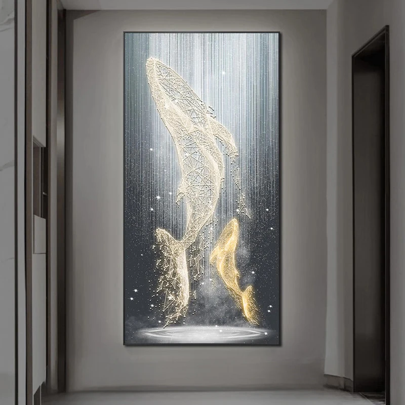 鲸鱼寓意玄关装饰画抽象轻奢现代高档客厅背景墙壁画走廊尽头挂画