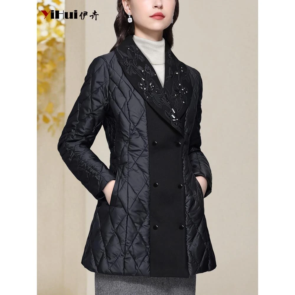 YIHUI伊卉重工刺绣亮片西装羽绒服外套女中长款修身百搭WK245099