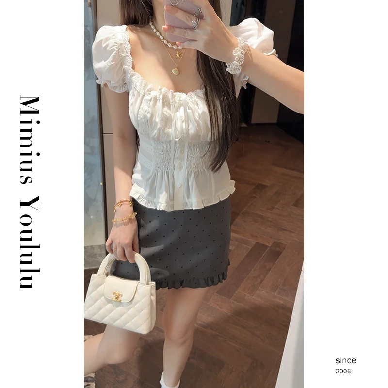 【mimius】七七 法式纯欲风方领系带泡泡袖收腰上衣 G04318