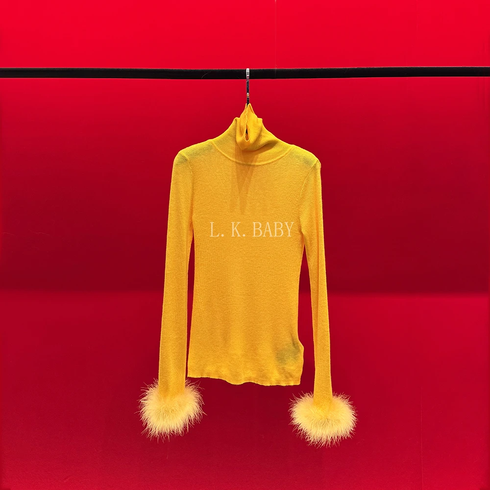 【L.K.BABY】糯叽叽黄  时髦气质软糯羽毛元素百搭针织高领衫