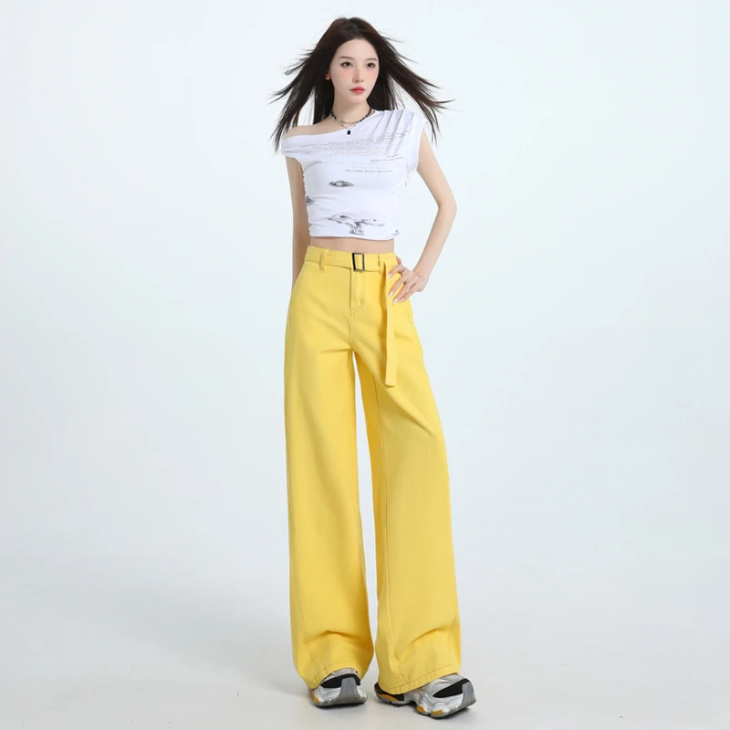 休闲宽松直筒裤女配腰带长裤潮流牛仔裤女装春2025