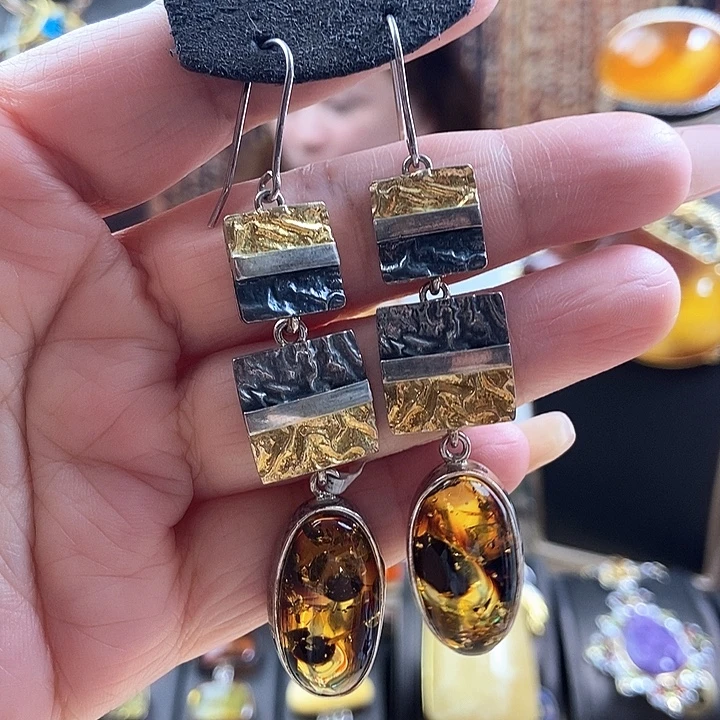 琥珀银S925镶嵌耳饰耳环