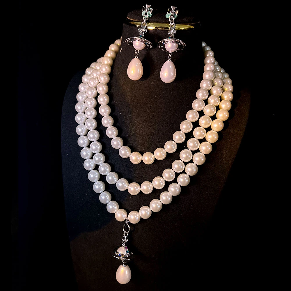 黄铜陶瓷耳饰 网红爆款西太后三层水滴珍珠项链 土星薇薇安欧美夸