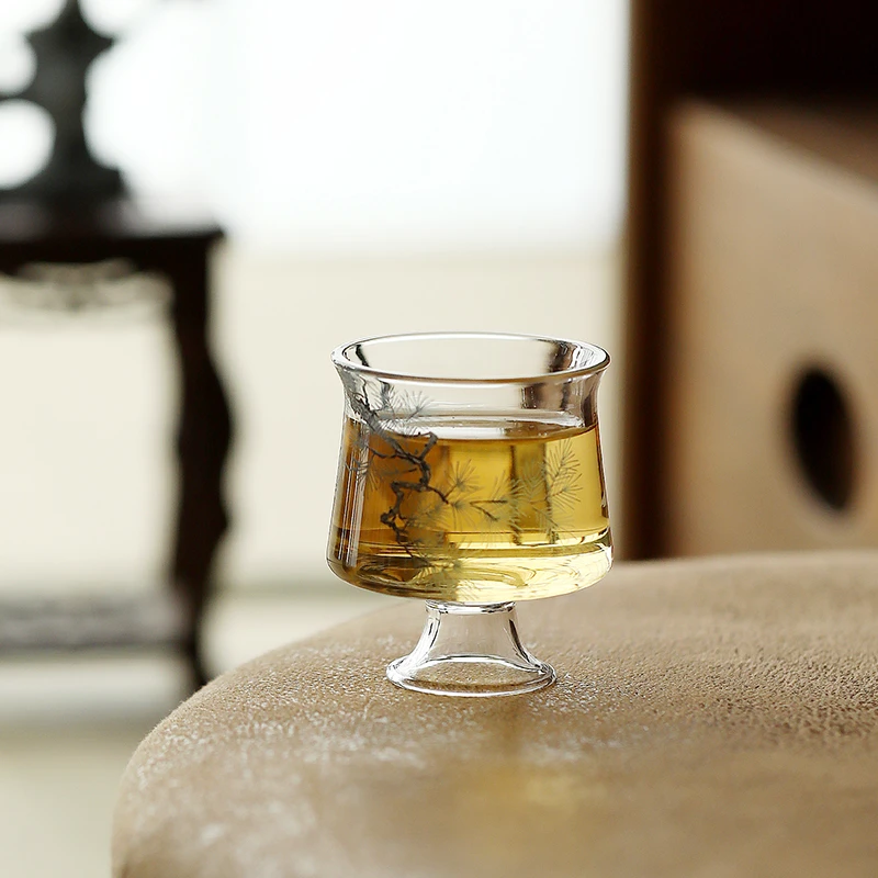 赞朴青松皓鹤d4品茗杯高足杯简约家用茶杯透明加厚耐热玻璃主人杯