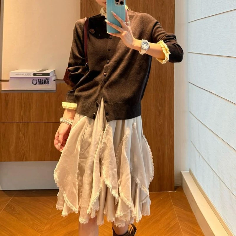 洋气女装穿搭一整套秋季拼接木耳边长袖针织开衫半身裙两件套Y
