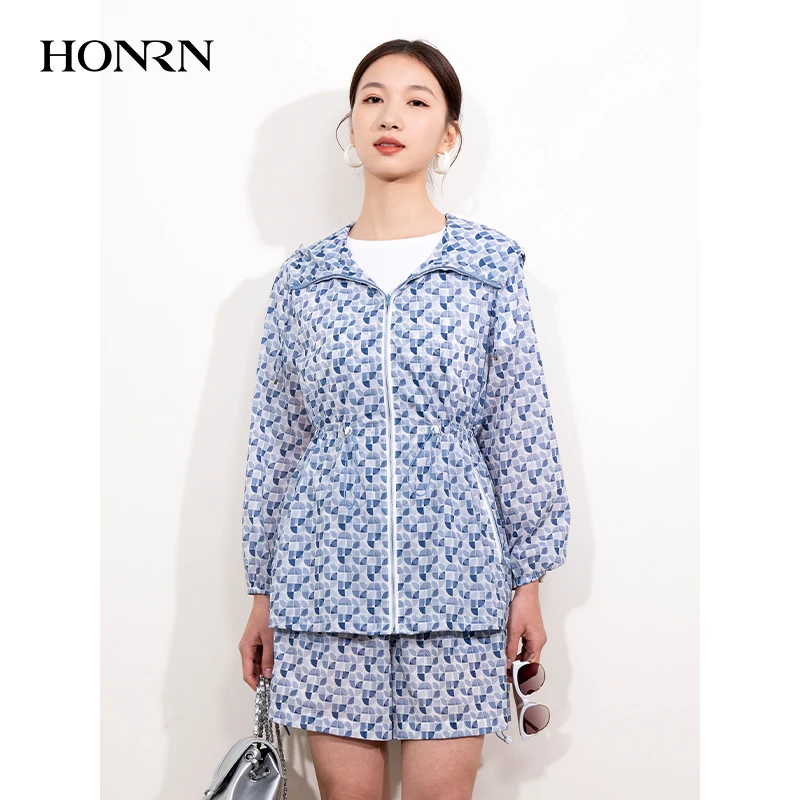 HONRN/红人薄款连帽抽绳收腰长袖休闲外套上衣女夏季HI22OS391
