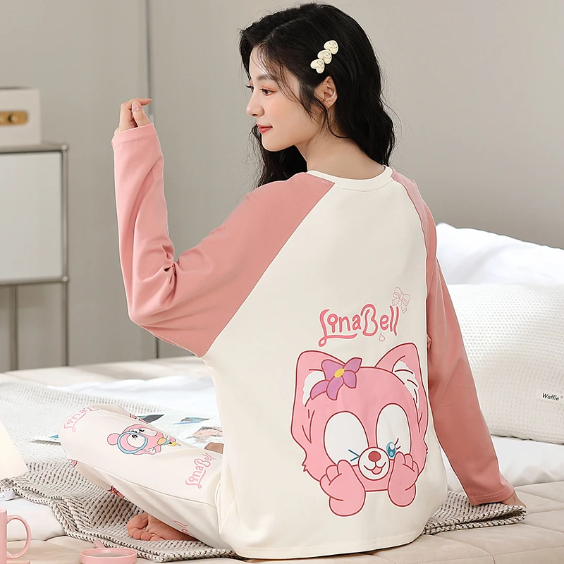 新款纯棉睡衣女春秋冬季卡通可爱印花长袖全棉粉色家居服大码套装