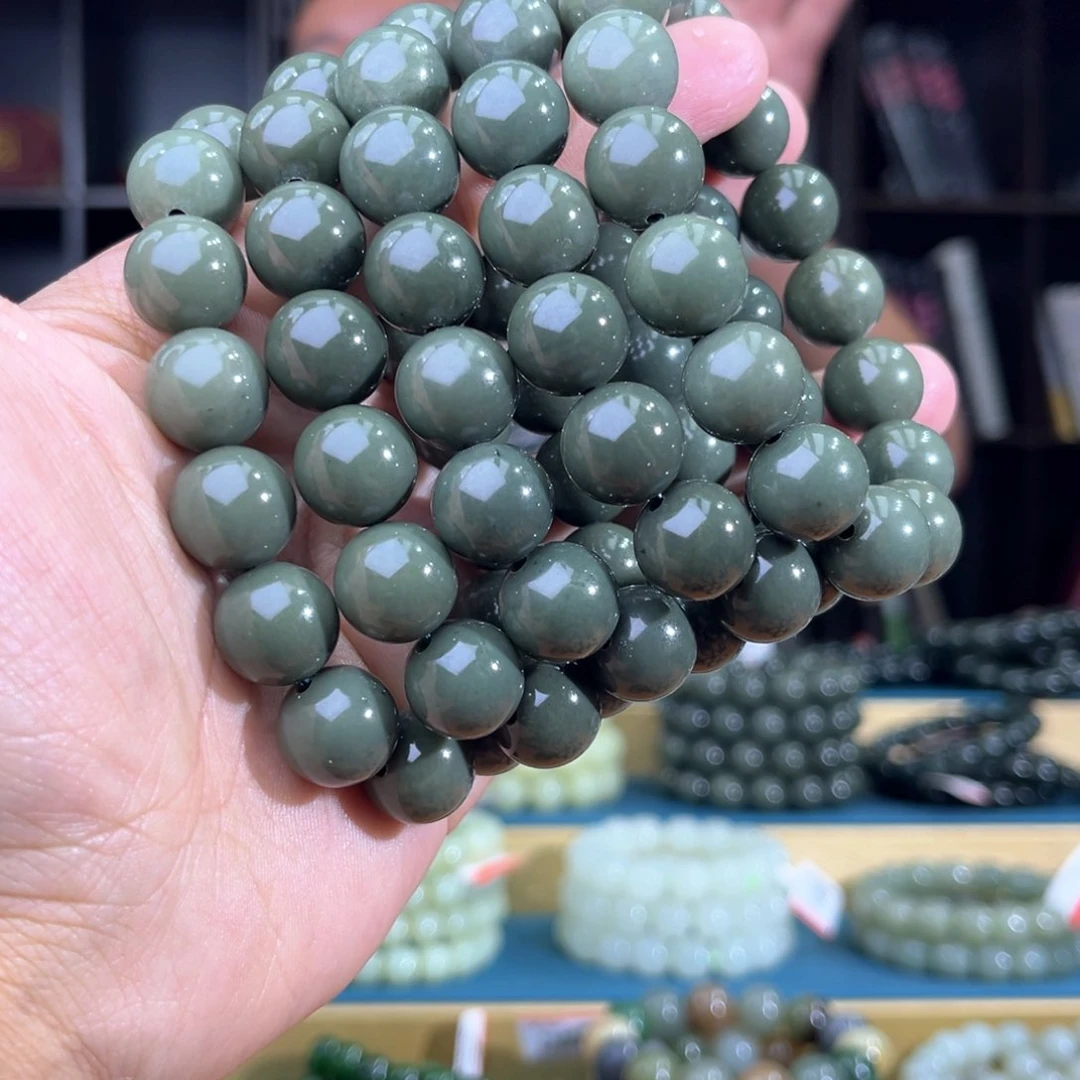 和田玉手串未镶嵌纯天然和田玉新疆沙枣青豆青14多样性发其一