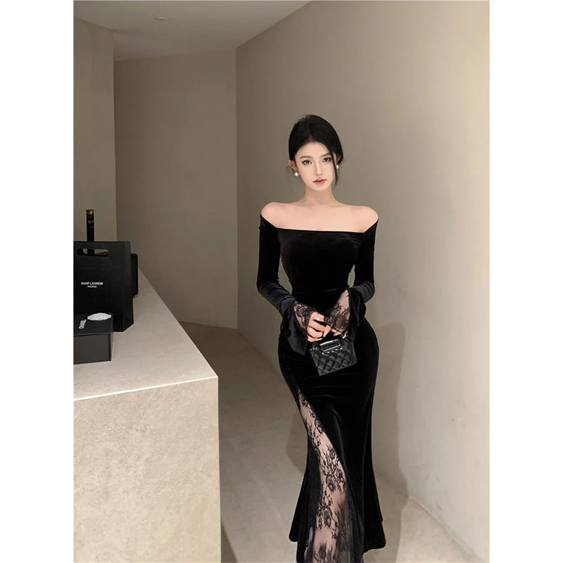 纯欲风辣妹黑色高级感丝绒连衣裙女修身显瘦设计感蕾丝开叉裙子