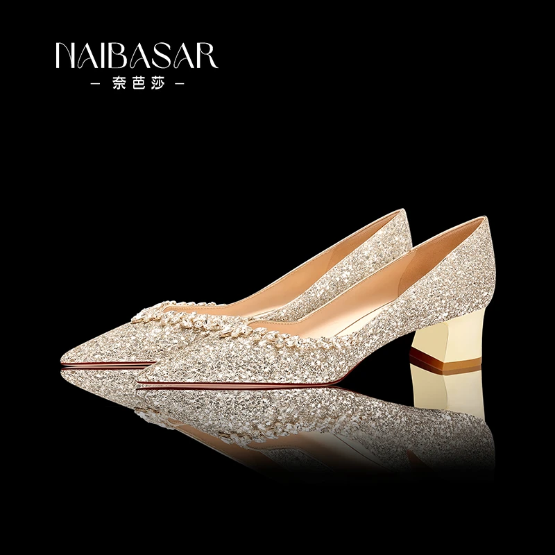 NAIBASAR/奈芭莎婚鞋女2025新款粗跟高跟鞋单鞋浅口新娘鞋礼服鞋