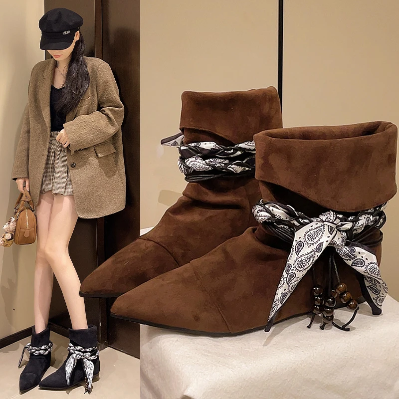 复古小众尖头内增高西部牛仔靴短靴女2025秋冬新款瘦瘦靴