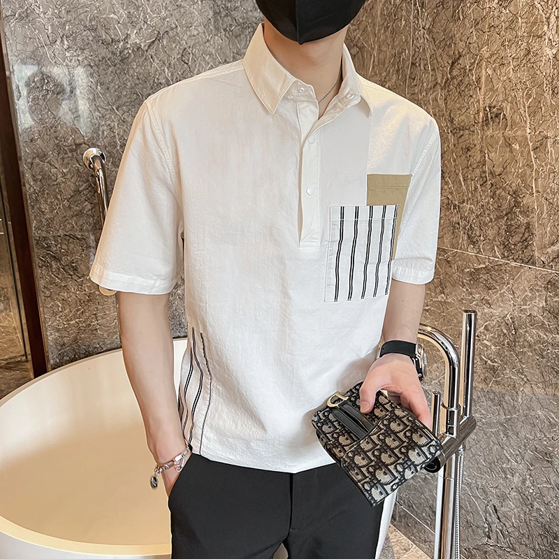 阿航男装夏季薄款男士帅气翻领宽松拼接polo衫休闲短袖潮男上衣