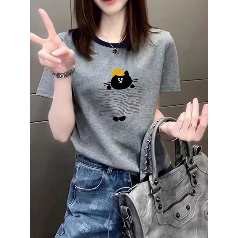 正肩撞色卡通短袖t恤女小众设计感时尚百搭上衣打底衫2025夏季潮