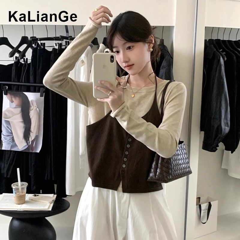 卡莲格/韩系假两件挂脖系带针织衫女秋季慵懒风圆领百搭长袖上衣