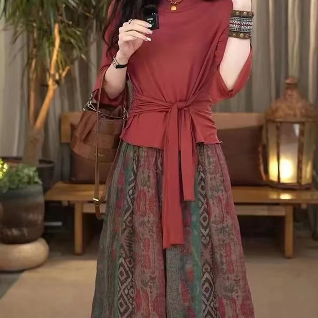 复古民族风套装女2025秋新款设计感系带收腰显瘦上衣印花半身长裙
