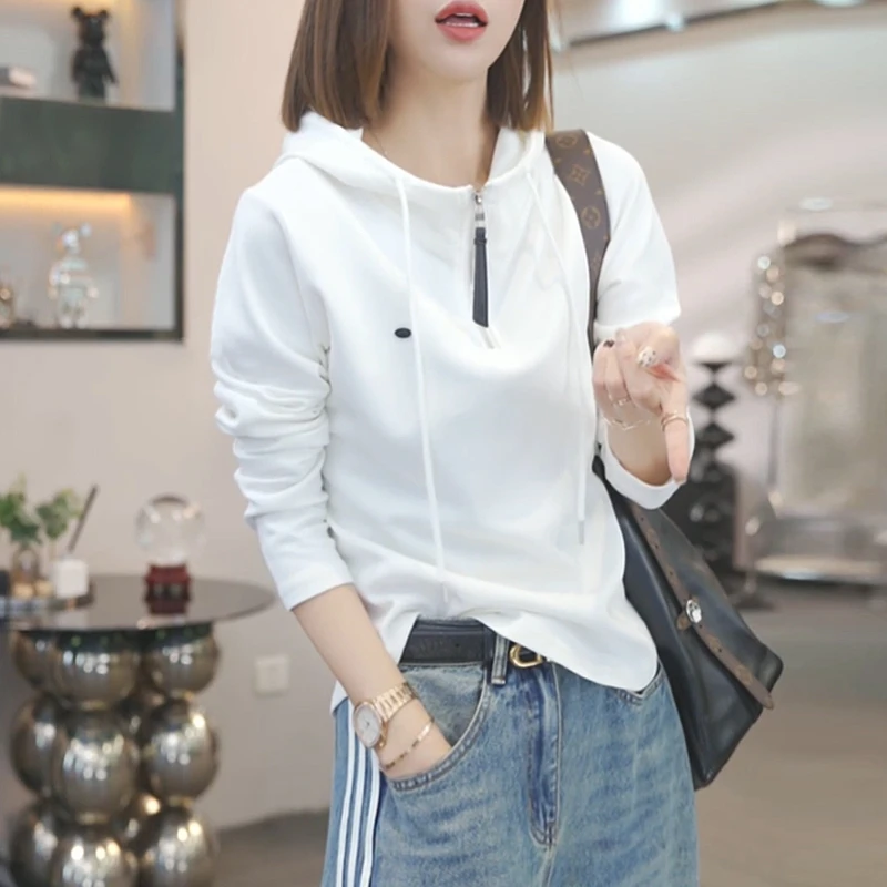 2025年秋季新款时尚休闲气质连帽上衣帽衫半拉链设计感薄卫衣女Y