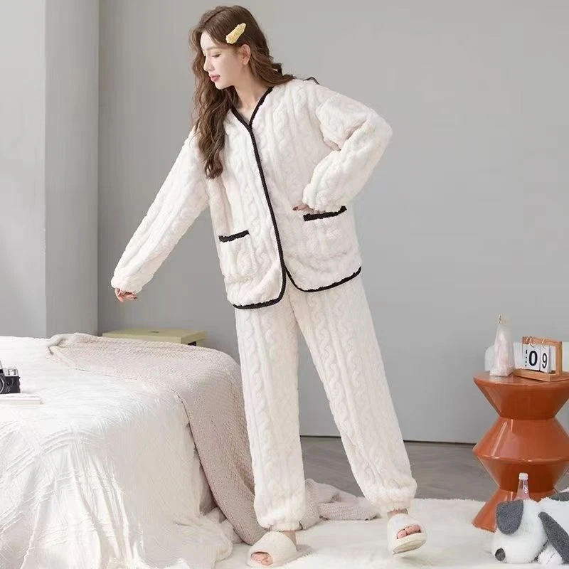 【福利】小香风保暖长袖纯色加厚加绒女秋冬睡衣舒舒适套装ins风