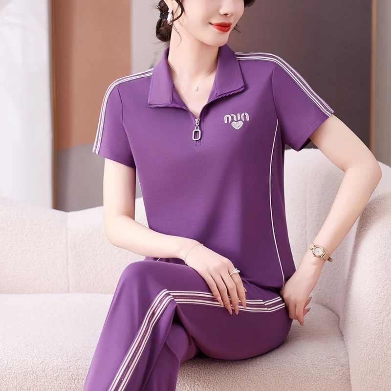 短袖夏季薄款女休闲运动套装冰丝显瘦翻领广场舞休闲服两件套大码