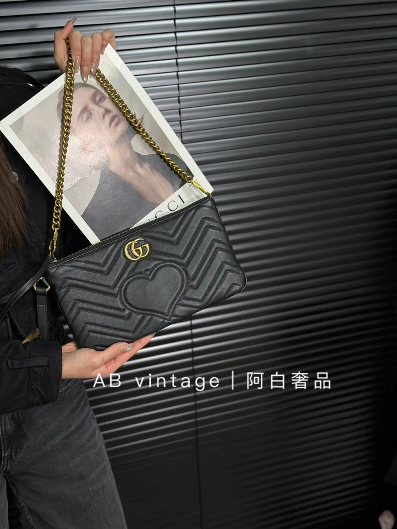 95新 GUCCI/古驰 阿白奢品/古驰 黑金马蒙手拿包