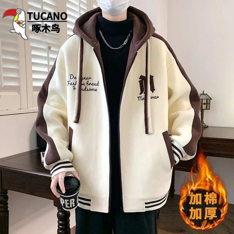 啄木鸟秋冬季棒球服外套男奥粒绒连帽上衣青少年学生加厚夹克加棉