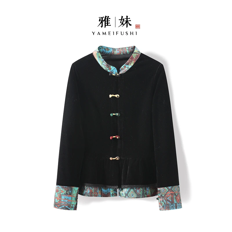 【墨翎】2025新款秋季薄款上衣女新中式立领拼色高级感气质丝绒衬衫